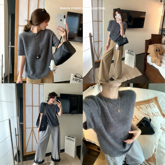 Damen Kurzarm Oversized Mohair-Feinstrickpullover Nord Taschen