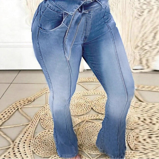 Damen Hochtaillierte Paperbag-Skinny-Jeans mit Bindegürtel und vertikaler Nahtführung Nord Taschen