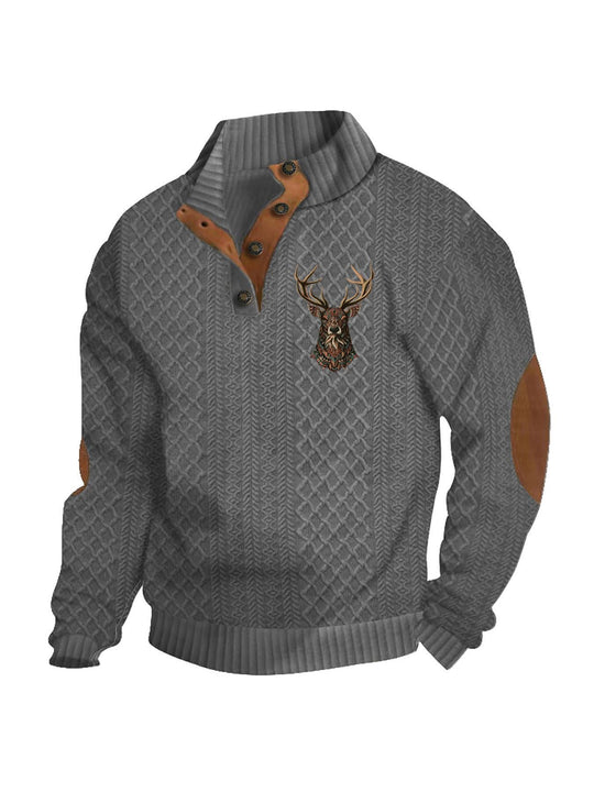 Herren nan Heritage-Strukturpullover mit Stehkragen Lederimitat-Besatz Ellenbogen-Patches und Halbknopfleiste