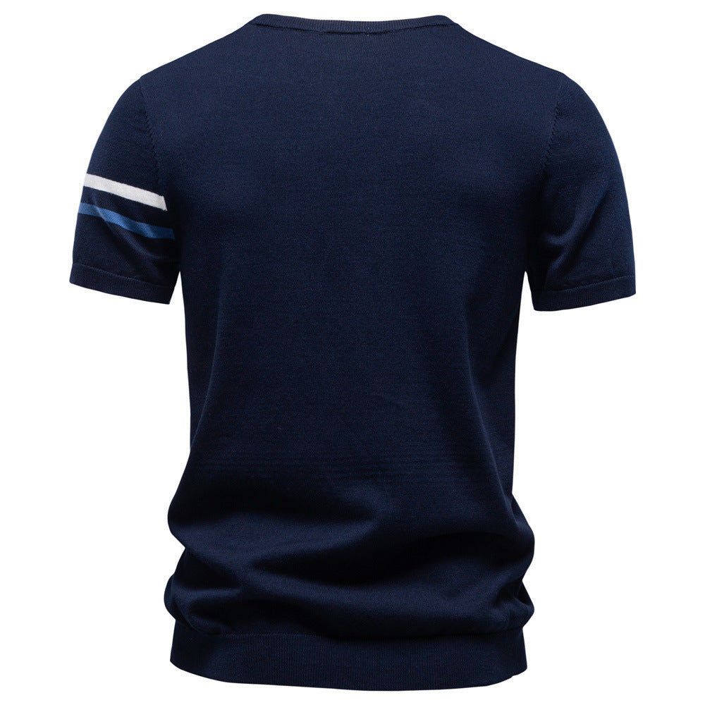 Herren nan feines Baumwollstrickshirt mit Rundhalsausschnitt kurzärmelig und kontrastierenden Ärmelstreifen Nord Taschen