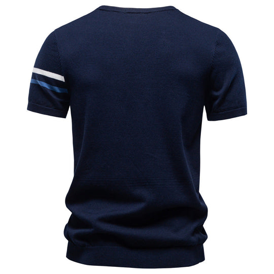 Herren nan feines Baumwollstrickshirt mit Rundhalsausschnitt kurzärmelig und kontrastierenden Ärmelstreifen Nord Taschen