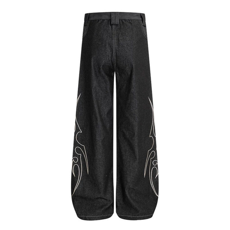 Damen Weite High‑Waist Denim‑Cargohose mit Flammenstickerei und aufgesetzten Taschen Nord Taschen