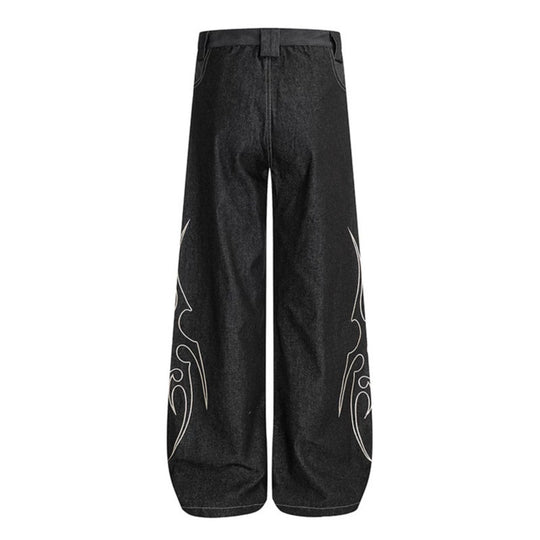 Damen Weite High‑Waist Denim‑Cargohose mit Flammenstickerei und aufgesetzten Taschen Nord Taschen