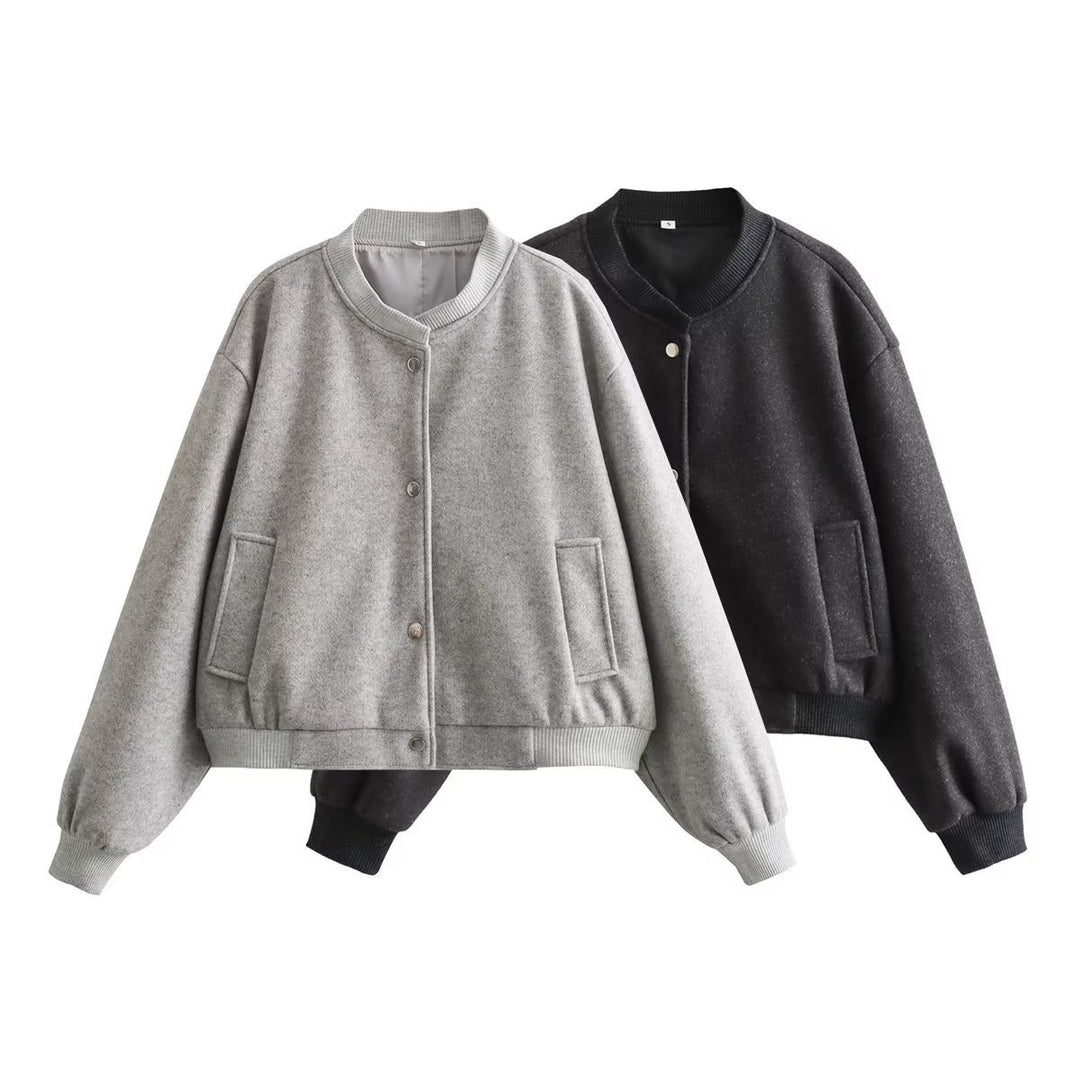 Damen Oversize-Bomberjacke aus Wollmix mit Druckknopfverschluss und geripptem Saum Nord Taschen