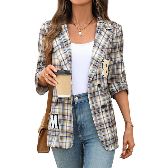 Damen Karierter Blazer mit Stickdetails Nord Taschen