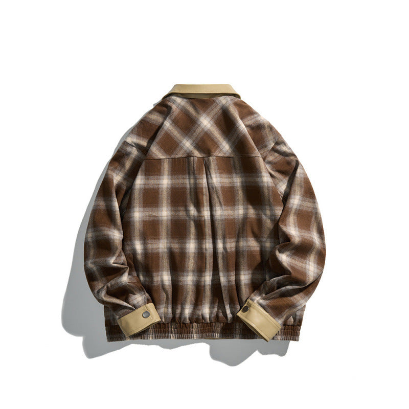 Herren Kastenförmige karierte Hemdjacke mit Kunstlederkragen, Druckknopfverschluss und Lederbesätzen Nord Taschen
