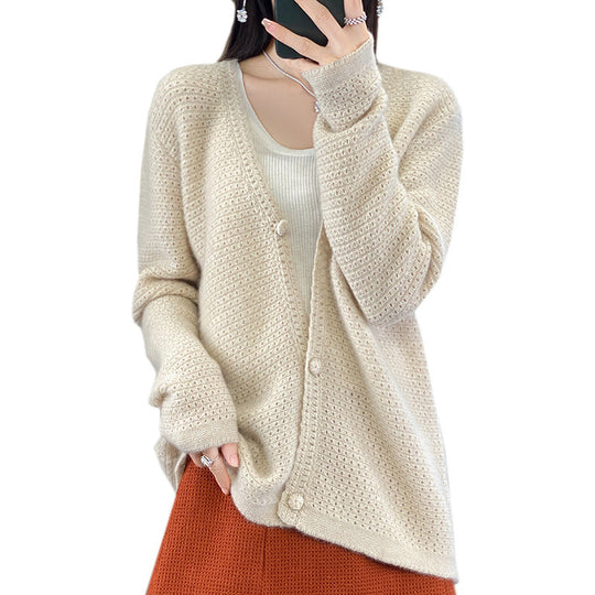 Damen Offener Ajour-Strickcardigan mit dezentem Flauschfinish und kastiger Oversize-Silhouette Nord Taschen