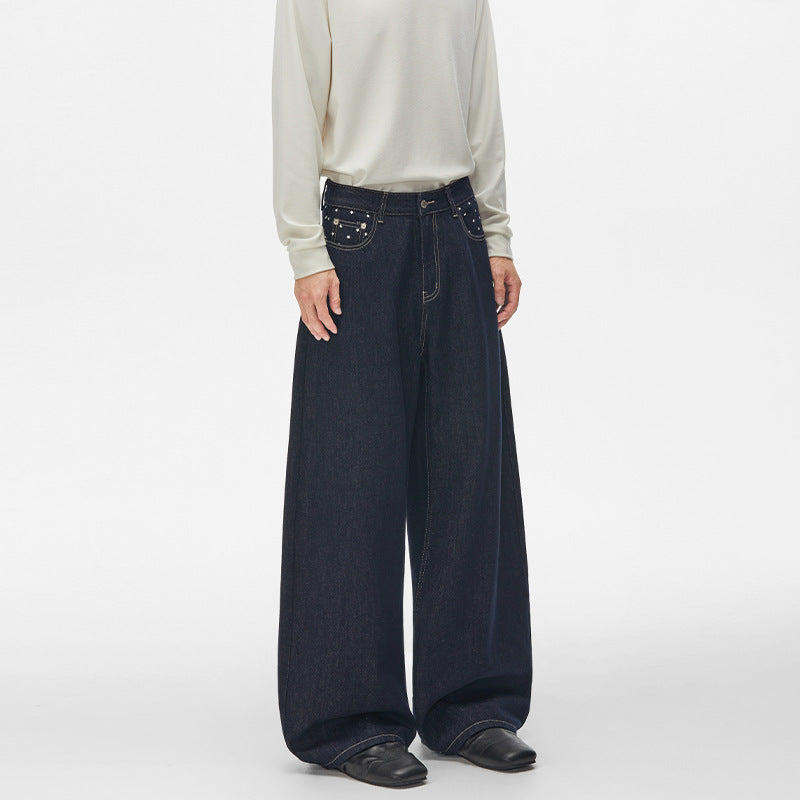 Unisex Ultraweite Palazzodenim-Hose mit Nietenbesetzten Eingrifftaschen und bodenlangem Saum Nord Taschen