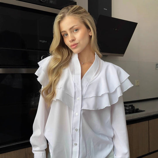 Damen Chiffon-Bluse mit mehrlagiger Volant-Rüsche und Perlmuttknöpfen Nord Taschen