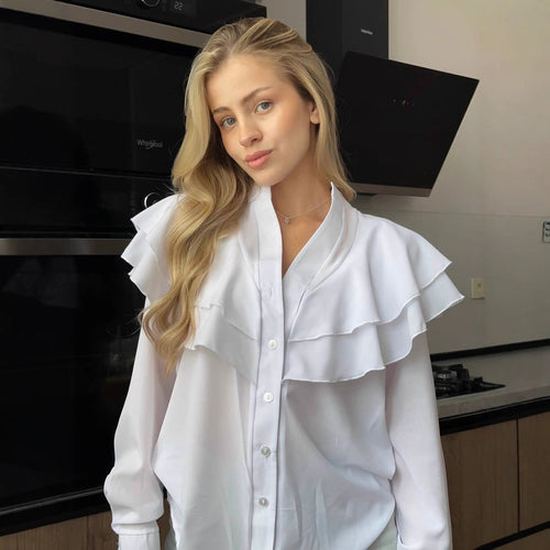 Damen Chiffon-Bluse mit mehrlagiger Volant-Rüsche und Perlmuttknöpfen Nord Taschen
