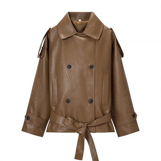 Damen Cropped Kunstleder-Trenchjacke mit Taillengürtel, Doppelreiher und Schulterklappen Nord Taschen