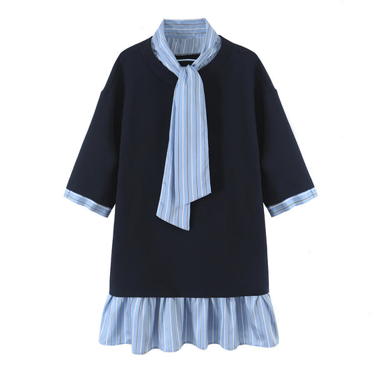 Damen A-Linien-Kleid mit Halstuch-Schal, halblangen Ärmeln und Volantsaum Nord Taschen