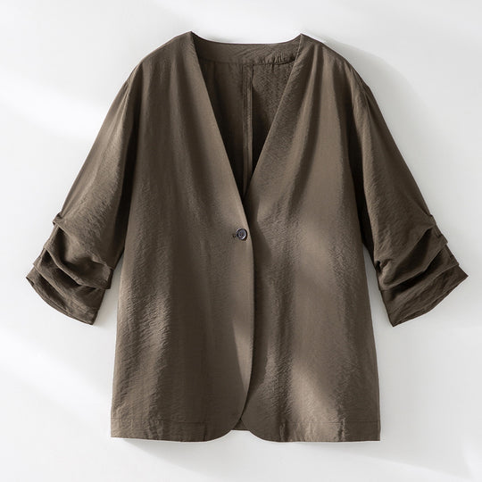 Damen Leichter Oversize-Blazer mit V-Ausschnitt, Ein-Knopf-Verschluss und gerafften Dreiviertelärmeln Nord Taschen