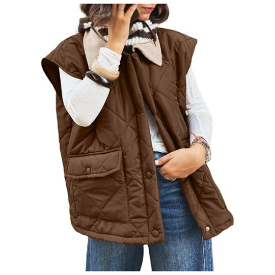 Damen Oversize Steppweste mit Druckknopf-Taschen und hohem Kragen Nord Taschen