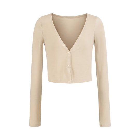 Damen Kurzer Feinstrick-Cardigan mit tiefem V-Ausschnitt und knöpfbarer Front Nord Taschen