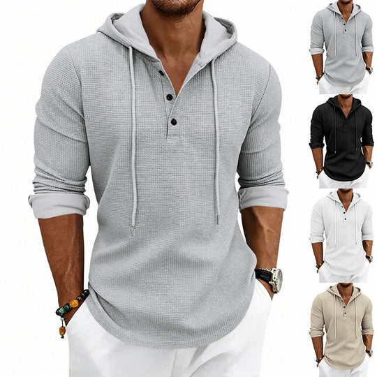 Herren Texturiertes Kapuzen-Langarmshirt mit Knopfleiste und Waffelstruktur Nord Taschen