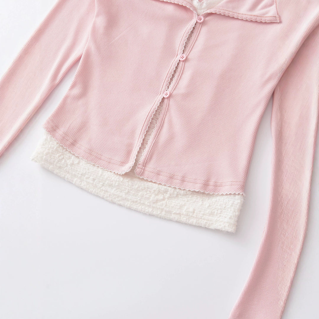 Damen Taillierter Buttoncardigan mit Spitzenbesatz und ausgestellten Ärmeln Nord Taschen