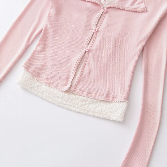 Damen Taillierter Buttoncardigan mit Spitzenbesatz und ausgestellten Ärmeln Nord Taschen