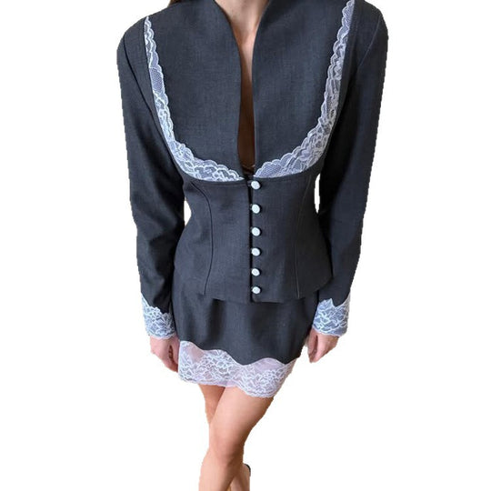 Damen Tailliertes Blazer- und Minirock-Set mit Spitzenbesatz Nord Taschen