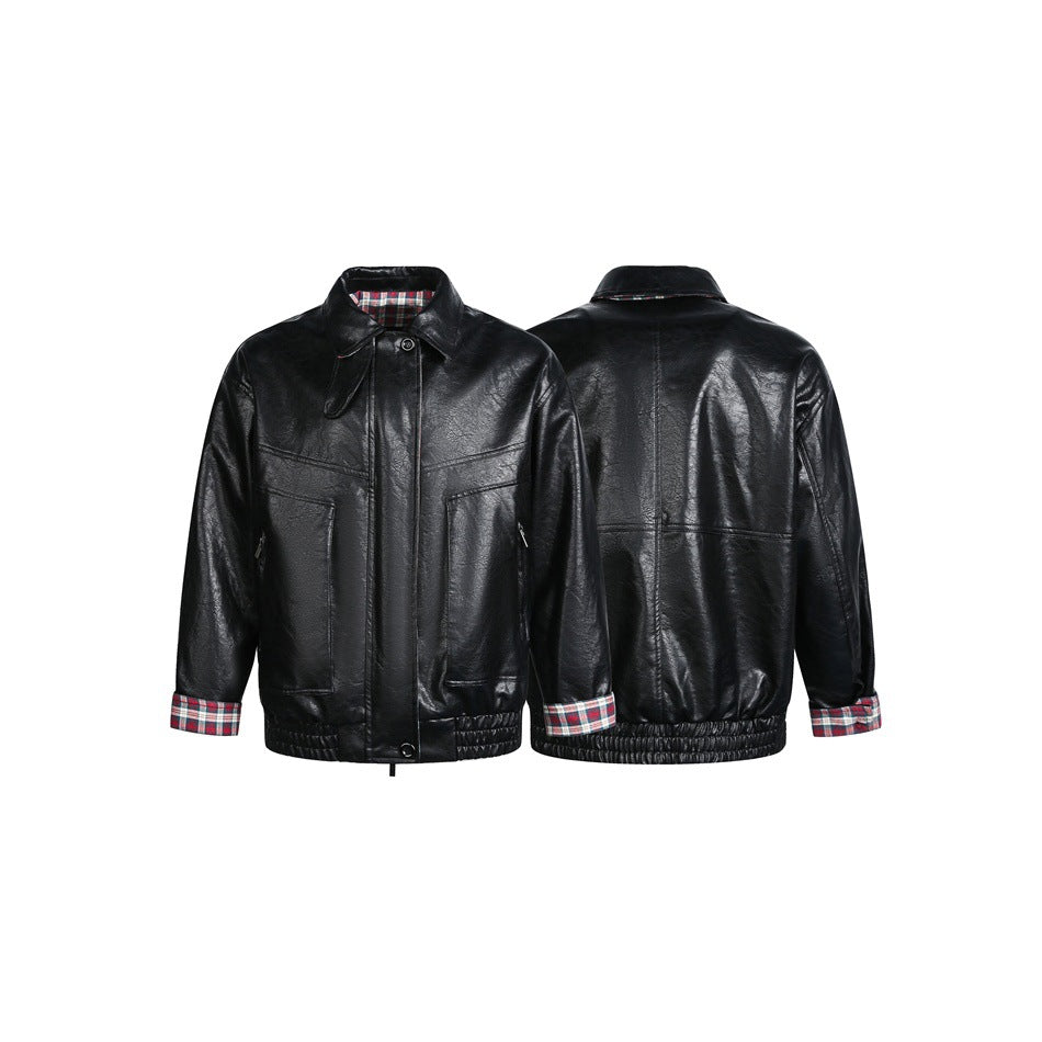 Herren Kurzer Kunstleder‑Blousonjacke im Pilotenstil mit kariertem Futter Nord Taschen