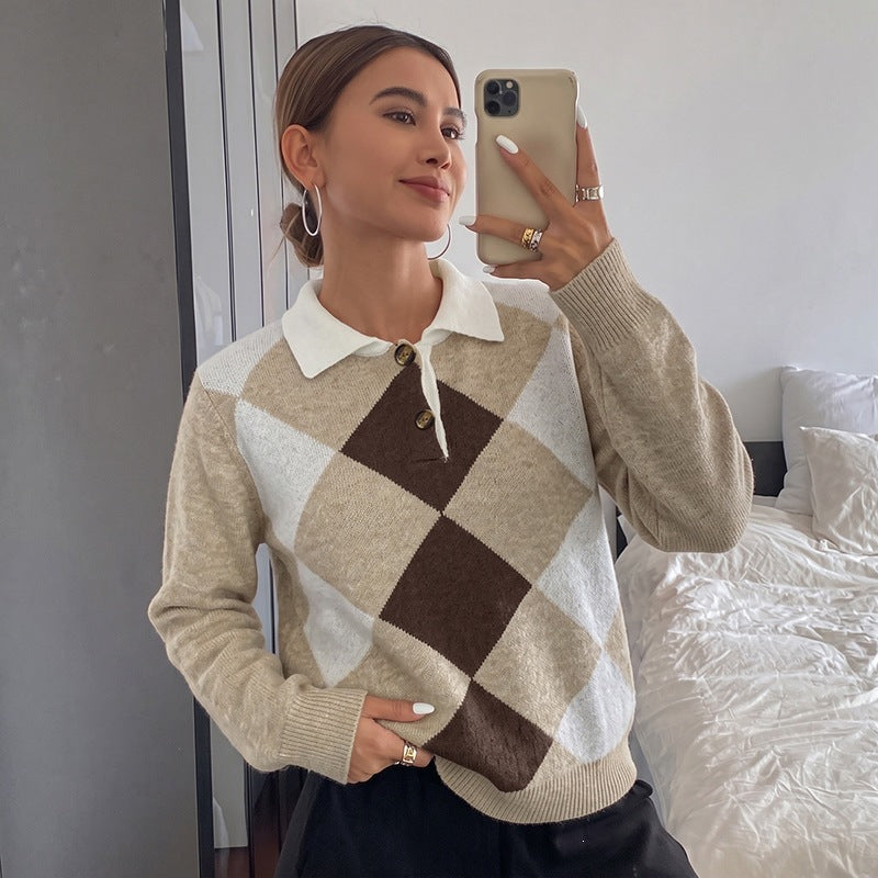 Damen Argyle-Polo-Strickpullover mit kontrastkragen und Zierknopf Nord Taschen
