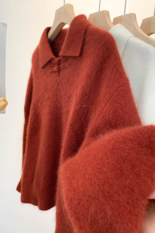 Damen Polokragen-Pullover im Mohair‑Look mit Ajour‑Zopfmuster, überschnittener Schulter und weiter Silhouette Nord Taschen