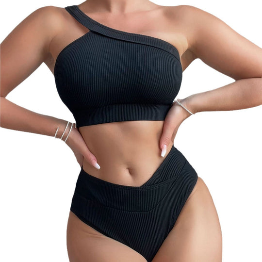 Damen Einseitig geschnittener Bikini-Top und hochtaillierte Bikinihose
