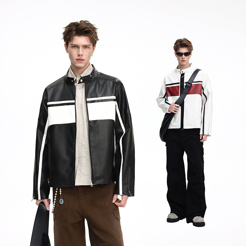 Herren Kontrast-Kunstleder-Bikerjacke mit Stehkragen und Zip-Ärmeln Nord Taschen