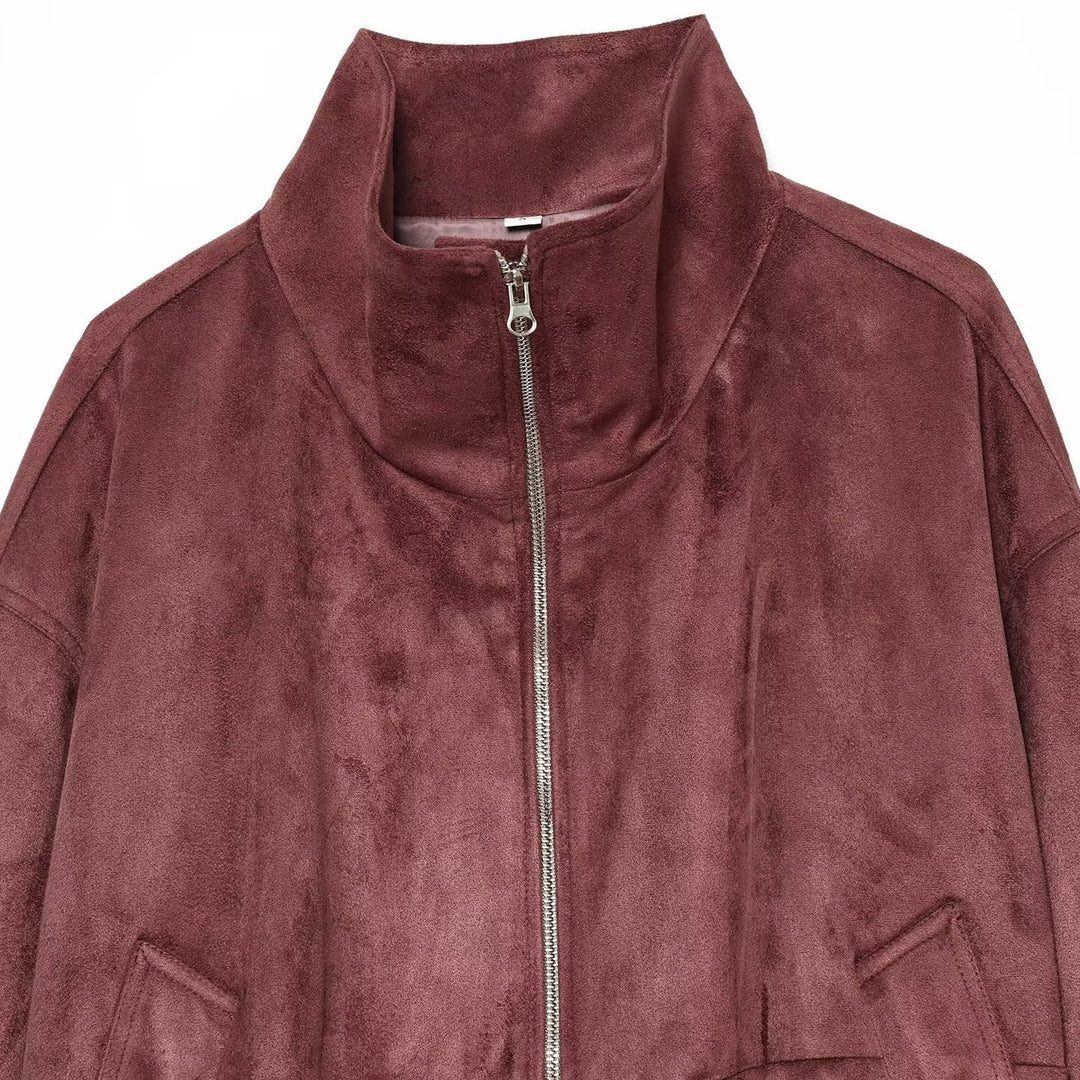 Damen Kurzjacke im Bomberstil aus Veloursleder-Optik mit hohem Stehkragen und Kängurutaschen Nord Taschen