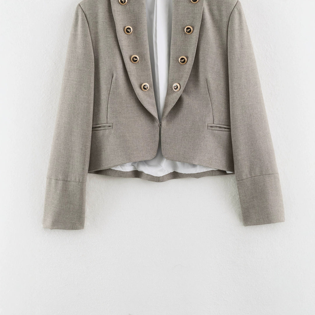 Damen Cropped Military-Blazer mit Stehkragen, zweireihiger Zierknopfleiste und taillierter Passform Nord Taschen