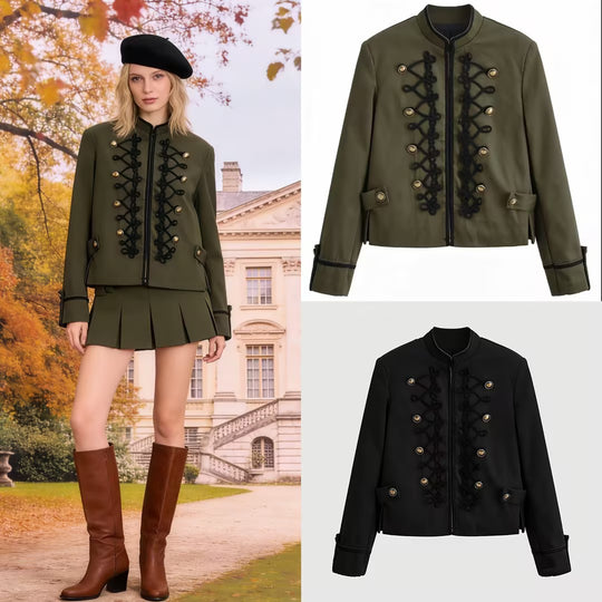 Damen Kurzjacke im Militärstil mit Zierkordeln und Stehkragen Nord Taschen