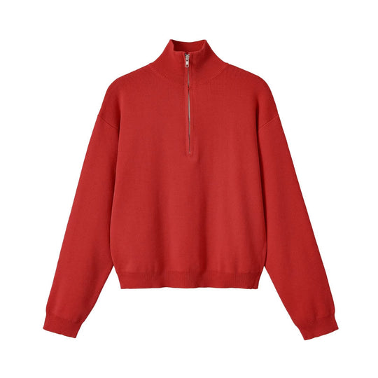 Damen Relaxter Halbzip-Feinstrickpullover mit Stehkragen und überschnittener Schulter Nord Taschen