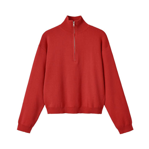 Damen Relaxter Halbzip-Feinstrickpullover mit Stehkragen und überschnittener Schulter Nord Taschen