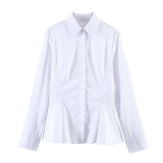 Damen Taillierte Popeline‑Bluse mit Peplum-Details und verdeckter Knopfleiste Nord Taschen