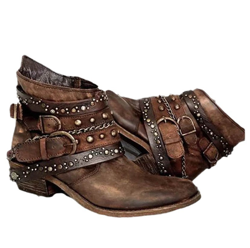 Damen Western‑Ankleboots mit dekorativen Schnallenriemen, Nieten und Ketten Nord Taschen