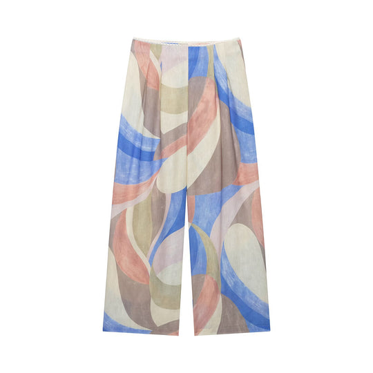 Damen Weite Leinenhose mit abstraktem Aquarellprint und hoher Taille Nord Taschen