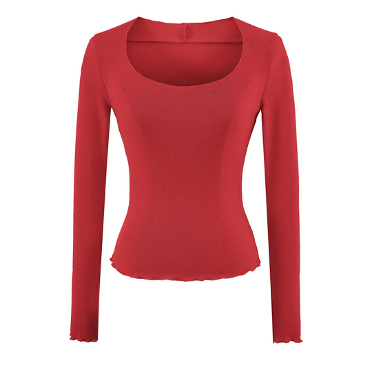 Damen Figurbetontes Langarm-Feinstrickshirt mit quadratischem Ausschnitt und Wellensaum Nord Taschen