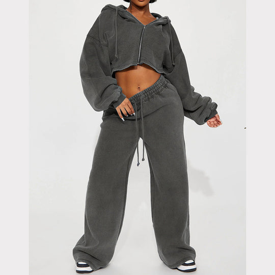 Damen gekürztes Reißverschluss-Kapuzenoberteil und hochtaillierte weite Fleece-Jogginghose Set Nord Taschen