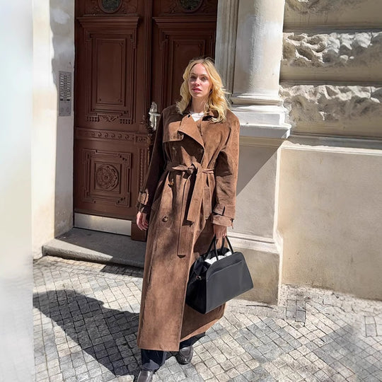 Damen Maxilanger Veloursleder‑Trenchcoat mit Bindegürtel Nord Taschen