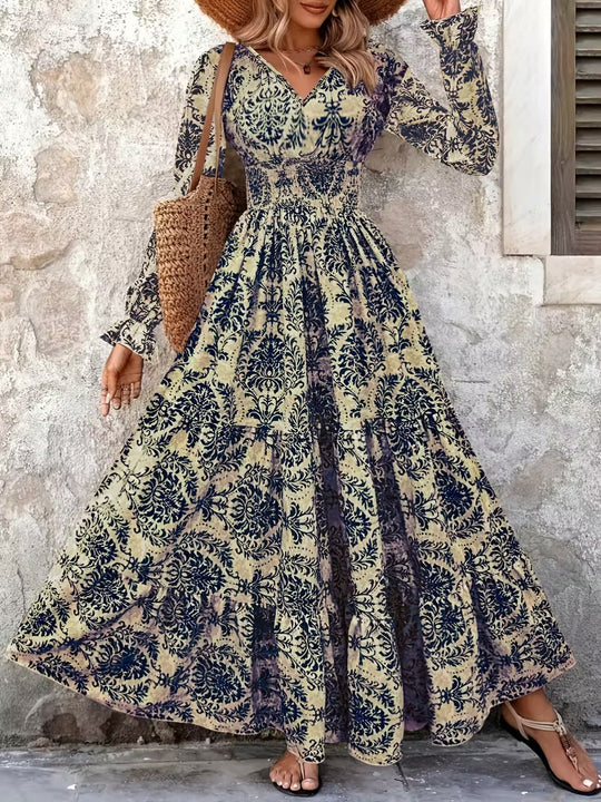 Damen Boho‑Maxikleid mit Smok‑Taillenpartie, V‑Ausschnitt und Stufenrock Nord Taschen