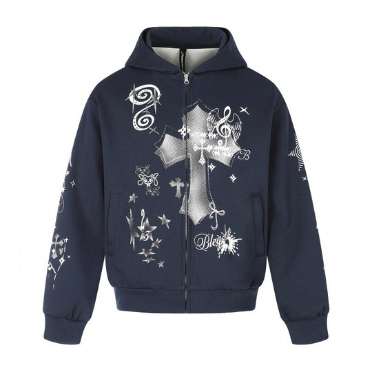 Unisex Oversize-Kapuzenzipjacke mit Allover-Grafikprint, Reißverschluss und geripptem Saum Nord Taschen