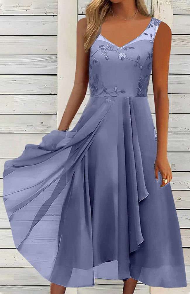Damen nan A-Linien-Chiffonkleid mit floralem Stickoberteil, V-Ausschnitt, drapiertem Godet-Schwung und verdeckten Seitentaschen