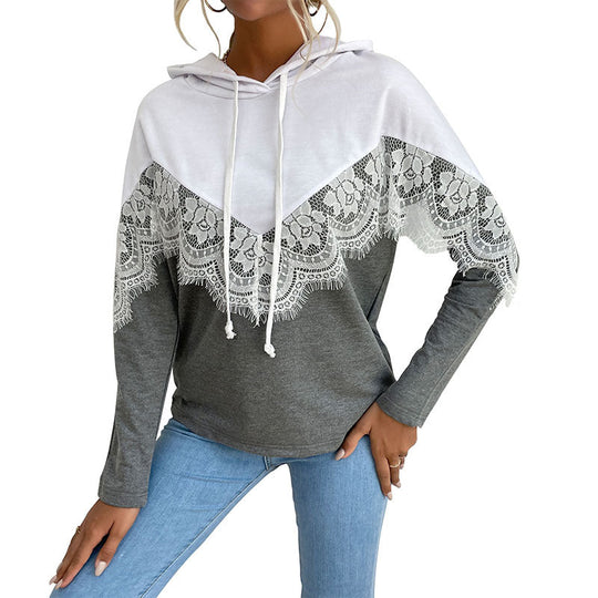 Damen Kapuzenpullover mit Spitzenbesatz und V‑Einsatz Nord Taschen