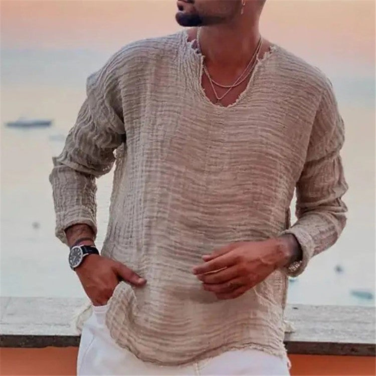 Herren lässiges V-Neck Leinenhemd