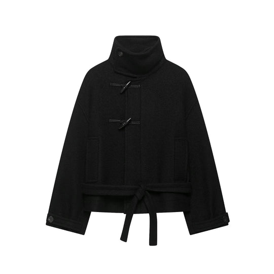 Damen Boxy-Capejacke in Wolloptik mit hoher Kragenblende und Knebelverschlüssen Nord Taschen