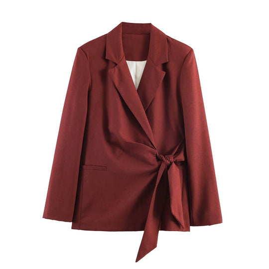 Damen Taillierter Wickelblazer mit Reverskragen und Bindegürtel Nord Taschen