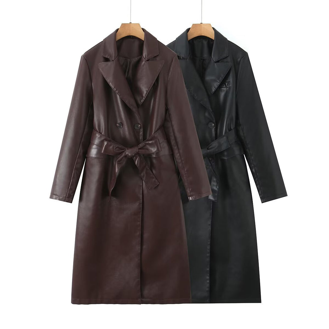 Damen Longline Imitatleder-Trenchcoat mit doppelreihiger Knopfleiste und Taillengürtel Nord Taschen