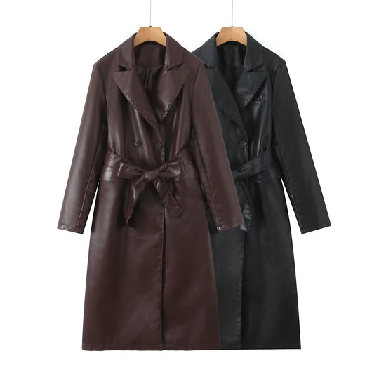 Damen Longline Imitatleder-Trenchcoat mit doppelreihiger Knopfleiste und Taillengürtel Nord Taschen