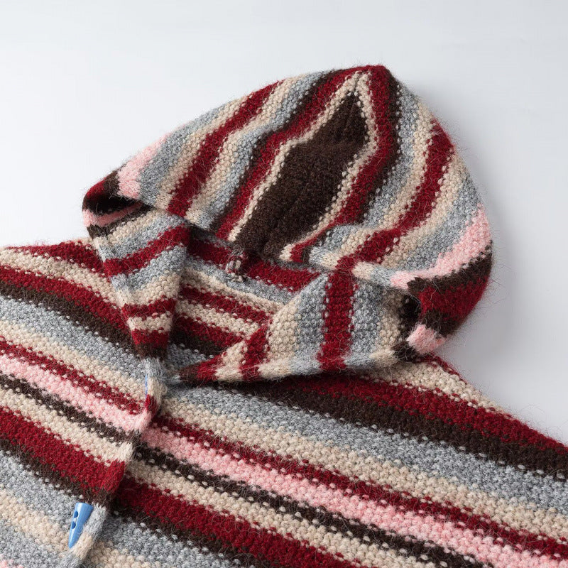 Damen Gestreifter Kapuzen-Cardigan aus flauschigem Mohair-Mix mit Dreiecksknöpfen Nord Taschen