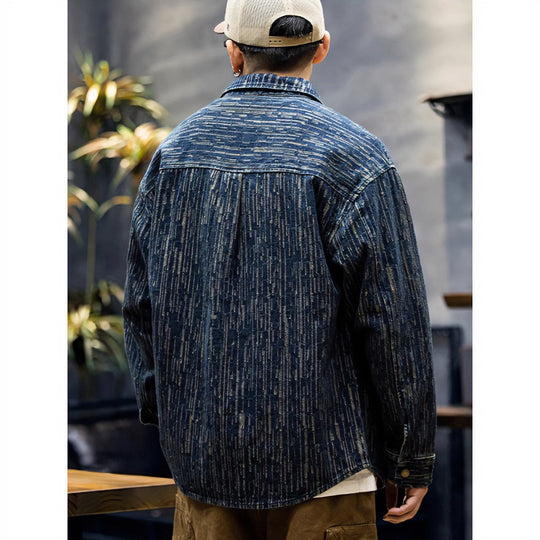 Herren Denim-Overshirt mit vertikaler Strukturprägung und Druckknopfleiste Nord Taschen